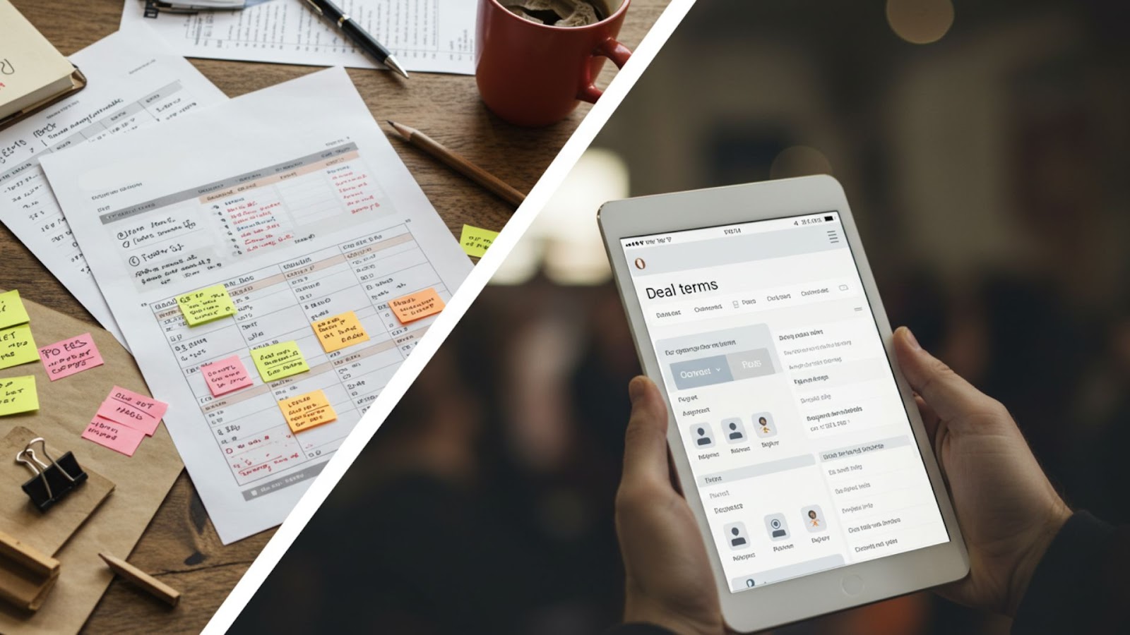 A split image showing outdated promotion tools like spreadsheets and calendars on one side, and centralized music promoter software on the other.