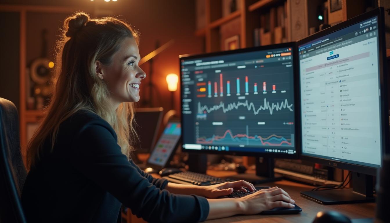 Measuring Success and ROI from Automated Talent Buying Software Venue manager reviewing positive ROI analytics from talent buying software implementation