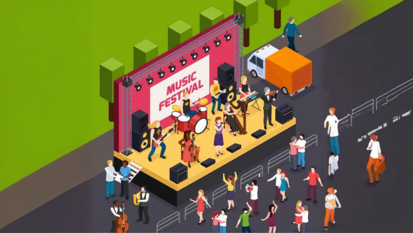 Large Music Festival Requiring Comprehensive Management Software Solutions Aerial view of large music festival showing multiple stages and vendor areas requiring comprehensive management coordination