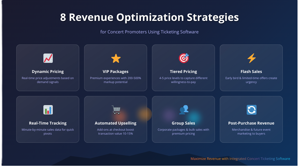 Infographic showing 8 revenue optimization strategies for concert ticketing software and music promoters