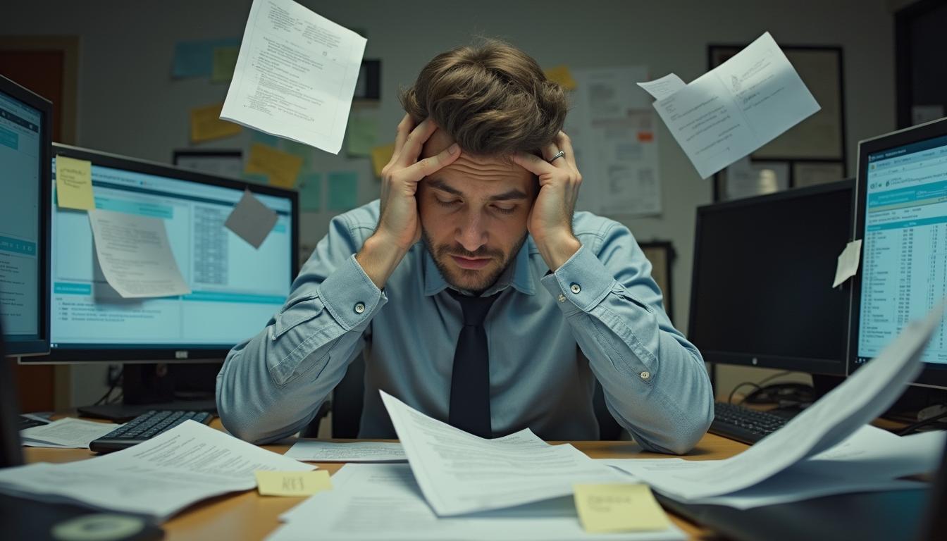 Traditional Talent Buying Process Challenges and Pain Points Overwhelmed venue manager dealing with manual booking processes and scattered paperwork
