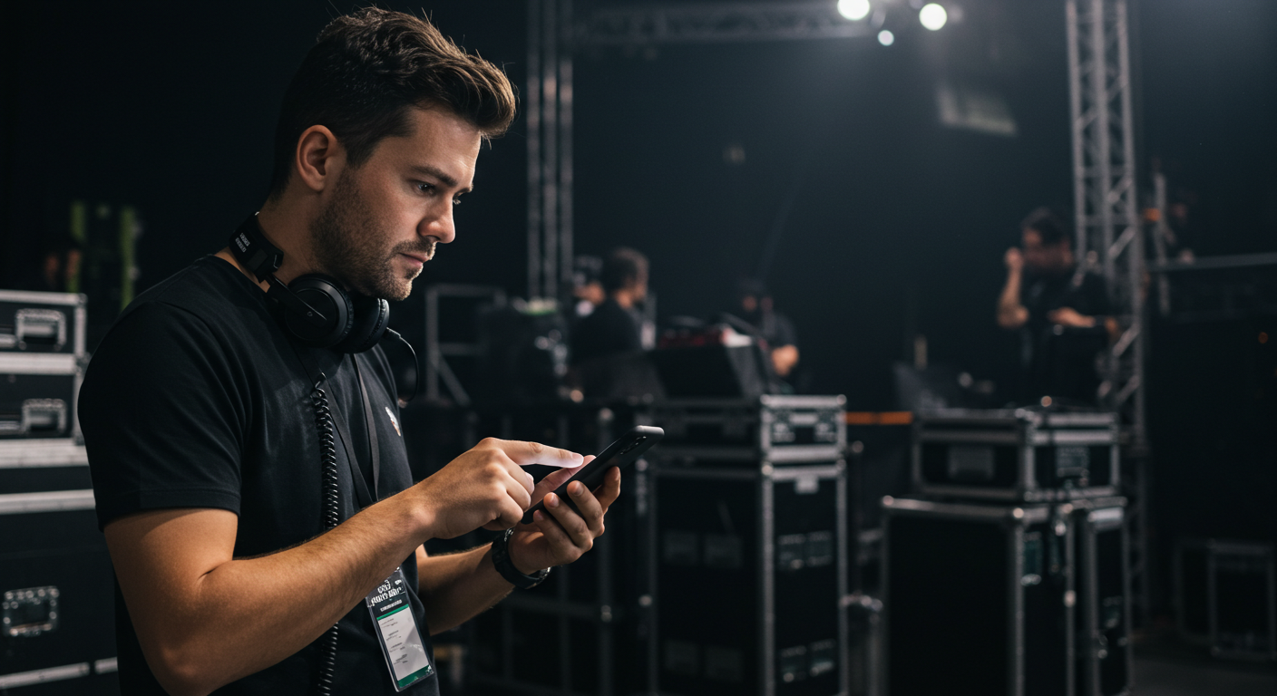 Music tour manager using mobile music management software backstage to coordinate real-time scheduling and team communications.