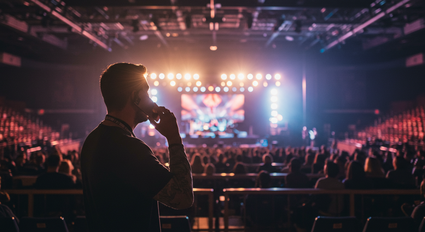 Venue manager using concert planning software on mobile device with stage in background.