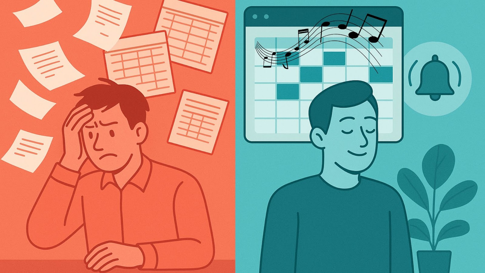 Venue Task Automation Eliminates Manual Scheduling Chaos Before and after comparison showing how venue task automation transforms chaotic manual processes into streamlined digital workflows.