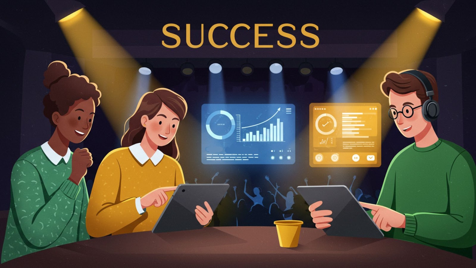 Music industry professionals celebrating successful implementation of talent buying software with positive metrics and growth charts.