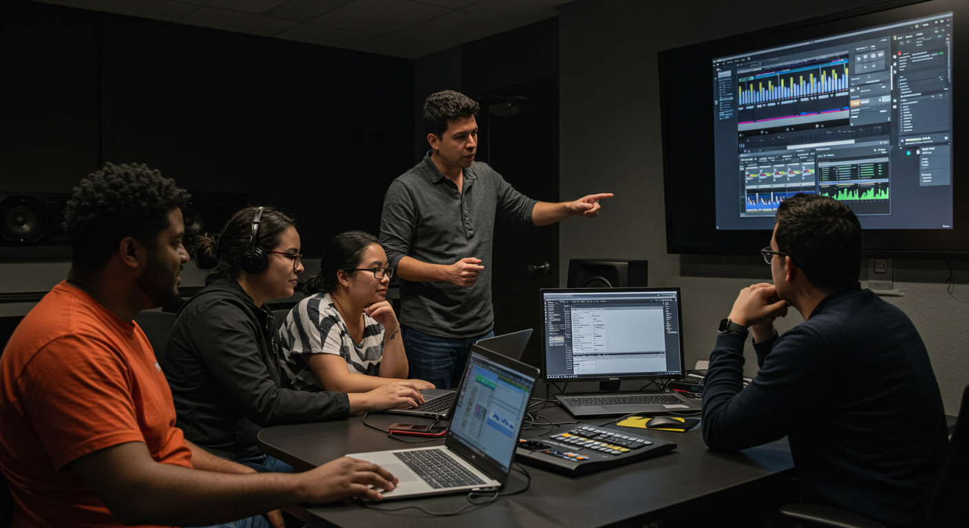 Music industry team receiving training on new artist management software implementation with collaborative learning session.