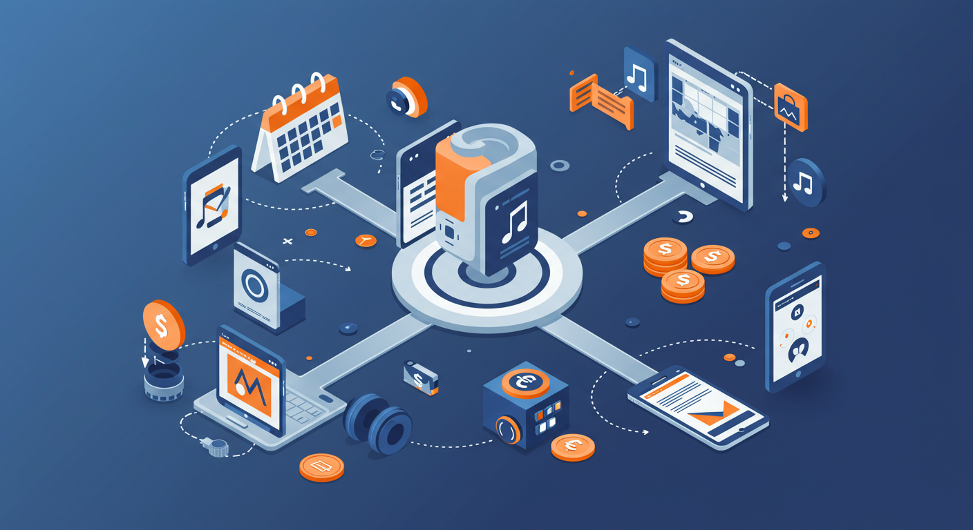 Integrated music management software platforms connecting to central command hub for tour booking and venue management.